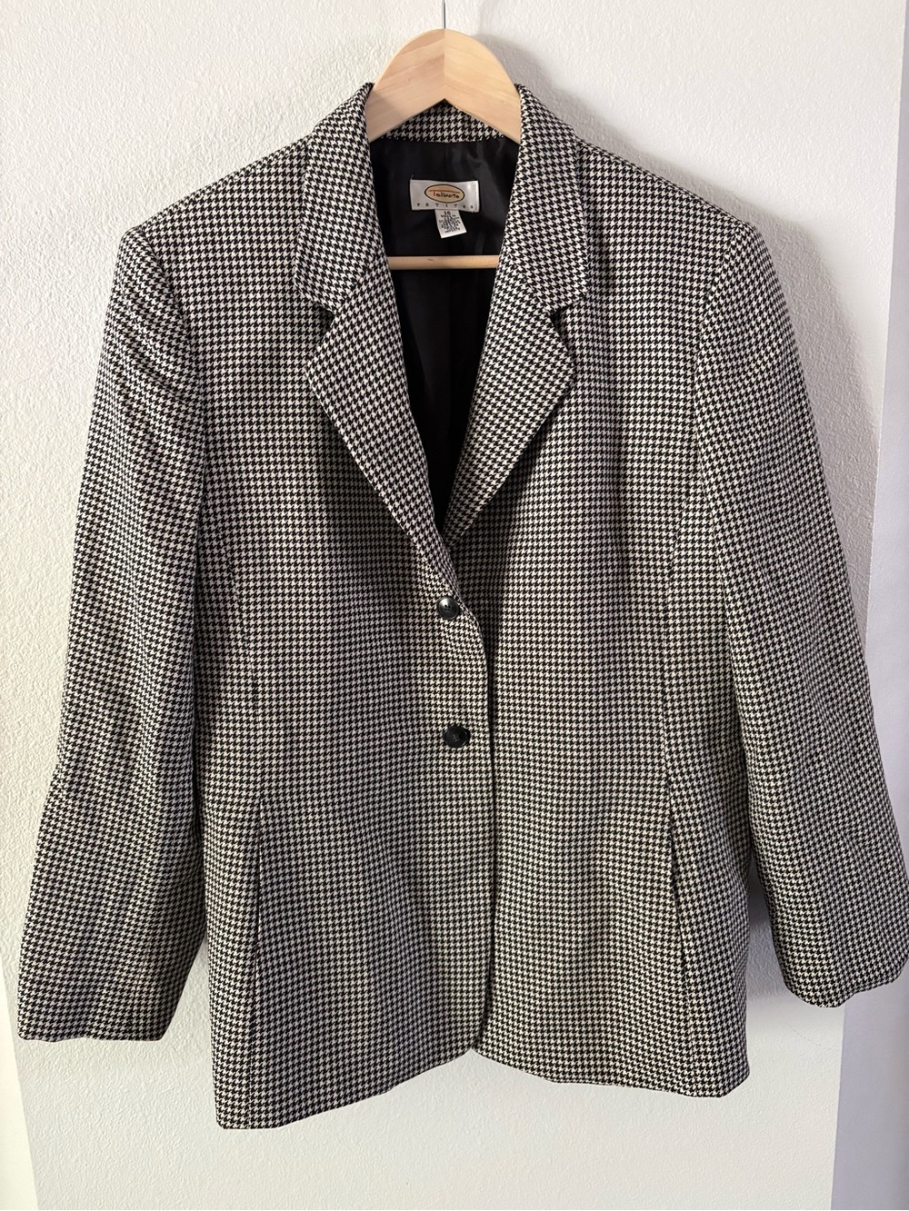90s Dark Academia Oversized Black & White Wool Houndstooth Blazer Talbots 16